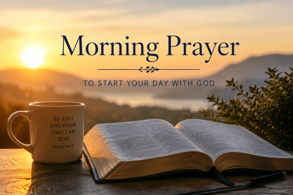 Open Bible and coffee beside a peaceful sunrise for morning prayer