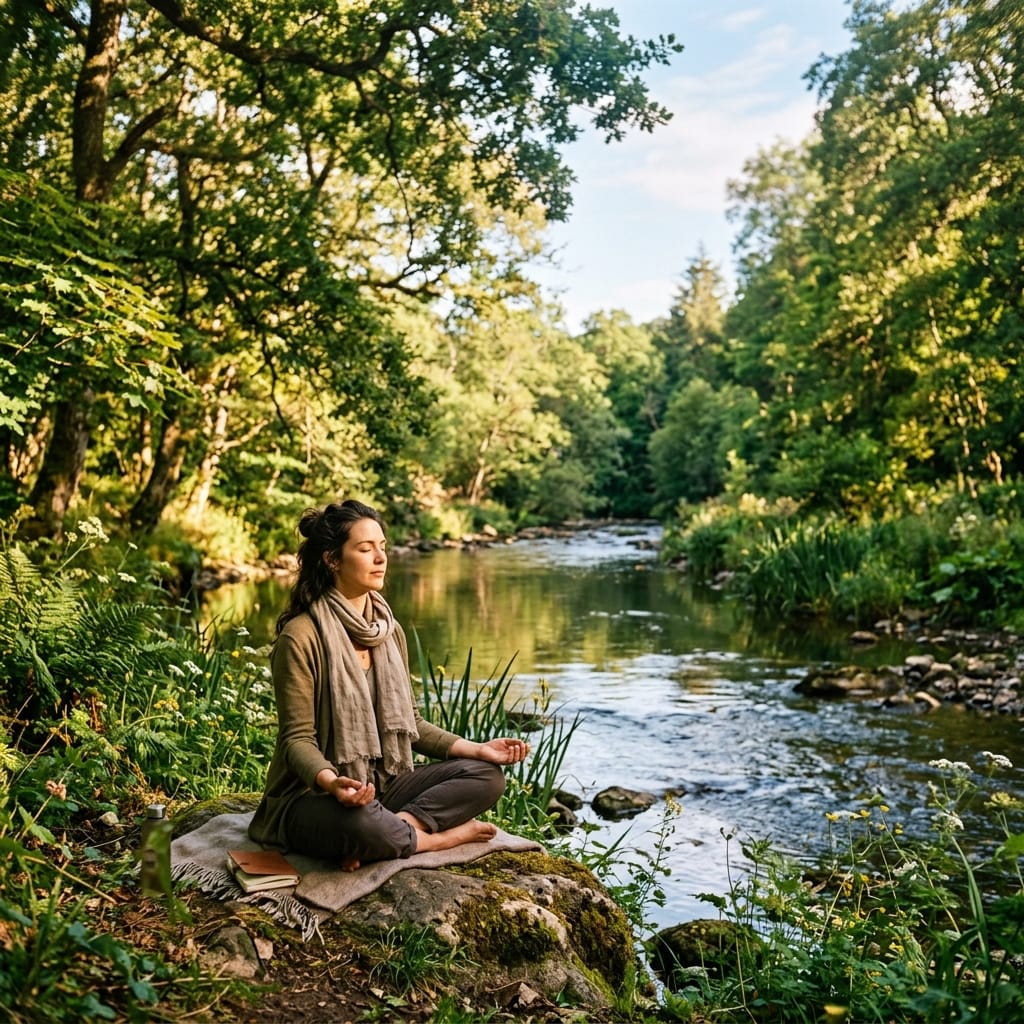 a woman meditating near a stream