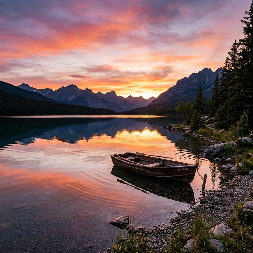 an empty boat on the lakes shore